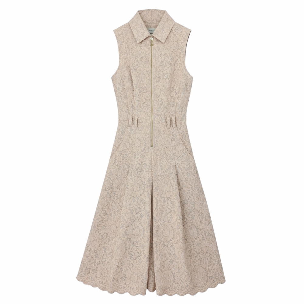 L’Agence Kylo Lace Shirt Dress Size 0 Beige Sleeveless Zip Front Collared Midi